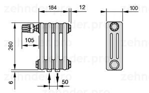Схема (чертеж) Радиатор Zehnder Charleston 3026/4 №V007 Белый глянцевый RAL 9016